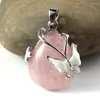 Pendant Necklaces Natural Teardrop For Female Charms Jewelry Rose Pink Quartz Water Drop Pendants With Silver Plated Drip Oil Butterfly