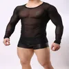 T-shirts hommes hommes transparent maille muscle t-shirt à manches longues tee hauts costume discothèque noir sexy301e