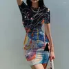 Повседневные платья Летнее женское тонкое платье Цветная линия 3D-печать Красивая тенденция Модная женская одежда