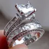 2pcs / lot Argent Double Grands Anneaux Ensemble Fiançailles pour Femme Hommes Cubique Zircone Bague Femme Dames Amant Fête De Mariage Jewelry269P