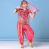 Stage Wear 8 pezzi Costume da danza del ventre per ragazze Danza araba Halloween (Top Cintura Pantaloni Fascia per capelli Copricapo Orecchini Collana Gioielli)