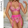 Ensemble sexy Ellolace Lingerie rose fantaisie broderie florale tongs sexy soutien-gorge jarretière costume 3 pièces dentelle de luxe délicate beaux sous-vêtements 231027