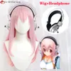 Catsuit Costumes 60 cm de long Super Sonico Supersonico rose résistant à la chaleur cheveux synthétiques Anime Halloween fête perruques avec jouet casque casque accessoire