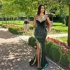 Kaftan Moroccan Green Mermaid Evening Dress With Detachable Train Gold Appliques Algerian Velvet Prom Dress Slit Marocain Mariage Formal Special Occasion Dress