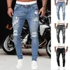 Calças masculinas jeans estilo rua moda cor sólida rasgado denim casual versátil lavado buracos calças gradientes com bolsos
