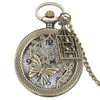 Pocket Watches Bronze Beauty Hollow-Out Flower Design Kvinnor Retro Quartz Analog titta på halsbandskedja med fågelburetillbehör