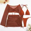 Conjunto de biquíni feminino sexy listrado, 4 peças, verão, praia, triângulo, maiô com mini saia, cobertura