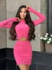 Work Dresses Casual Streetwear Skirts Set Women Fashion Turtleneck Long Sleeve Skinny Crop Top Ruched Skirt Solid 2 Piece Sets Suits Woman