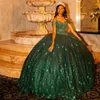 Blackish Green Glitter z ramionowej sukni piłki sukienki Quinceanera Sweet 16 Księżniczka Aplikacja koronkowe koraliki Suknie Vestidos de 15 anos