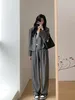 Calças femininas de duas peças blazer conjunto mulheres 2023 outono manga comprida v-pescoço duplo terno jaqueta cintura alta perna larga cinza y2k outfits
