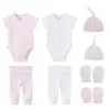 Clothing Sets Unisex 2023 Solid Color Born Baby Girl Clothes Set Bodysuits Pants Hats Bibs Mittens Cotton Boy Bebes 231027