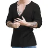 Suéter masculino de tricô com decote em v profundo, pulôver elegante de malha slim fit com nervuras de manga comprida, cor sólida para outono e inverno