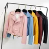 Women's Leather Yellow Autumn Women Pu Faux Moto Jacket Short Lapel Motorcycle With Belt Red Wine Girls Coat Big Size Streetwear