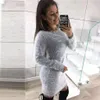 Casual klänningar cinessd kvinnor plysch bodycon klänning rund hals långärmad grå höst vinter mantel kontor lady solid midi pullovers222g