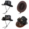 Berets Punk Style Pu Cowboy Hat для взрослого большого края повседневного солнца с защитными очками придается ремешкам