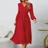 Robes décontractées Femmes à manches longues Slim Femme Party Night Ceinture plissée Col V Une ligne Robe à volants Hem Flowy Midi