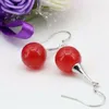 Dangle Earrings 14K Gold Plated 12mm Red Ruby Jade Round Beads Earring For Women