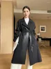 Jaqueta corta-vento feminina de couro genuíno, casaco trench longo de pele de carneiro real com cinto para inverno 2023