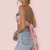 Débardeurs pour femmes Sexy Rose Blanc Floral Paillettes Halter Crop Tops Dos Nu Chaîne En Métal Doré À Lacets Chic Court Camisole Tee Pour Femmes