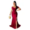 Casual Dresses Womens Off Shoulder High Split Long Formal Evening Party Dress Sexig V Neck Ruched Bodycon Mermaid Cocktail Wedding Guest