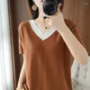 T-shirt à manches courtes pour femmes, col en v, tricoté, couleur contrastée, pull d'été en coton, ample et décontracté, mode coréenne t-shi