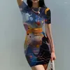 Casual Dresses Summer Lady Slim Dress Color Line 3D Printed Beautiful Trend Fashion Ladies