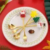 Dinnerware Sets 4PCS Christmas Gift Glod Spoon Fork Set Elk Tree Decoration Dessert Scoop Fruit Coffee Cutlery