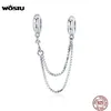 WOSTU 100％925 Sterling Silver Silicon Safety Chain Charm Fit Original Bracelet Pendant Zircon Silver Simple Jewelry CQC1419 Q0531221E