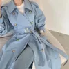 Abrigos de trinchera para mujer Abrigo de mujer 2023 Otoño elegante doble botonadura vintage chaqueta larga suelta con cinturón dividido femenino azul rompevientos outwear