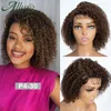 Sentetik peruklar kısa siyah afro kinky bükülme insan saçları kadınlar için bob dantel ön kahverengi bordo