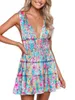 Casual Kleider Frauen Floral Langarm Kleid V-Ausschnitt Gesmokt Babydoll Sommerkleid Sexy Ausschnitt Rückenfrei E-Girl Club Party Mini