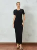 Casual Dresses KimyDreama Women Bodycon Long Dress Solid Color Round Neck Short Sleeve Summer Tie-Up Party Ribbed Rib Sticka