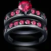 Shiny Red Ring Red Garnet Women Charming wedding Jewelry Black Gold Filled couple Ring set Bijoux Femme male269H