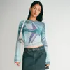 Women's T-Shirt Print T Shirt Long Sleeve Top Women O Neck Crop Top Flare Sleeve T Shirt Female Y2K Clothes Fashion Streetwear Skinny Mesh Top