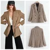 Costumes pour femmes Mode Femmes Double Boutonnage Check Blazers Manteau Vintage À Manches Longues Poches Costume Veste Femme Bureau Porter Des Vêtements D'extérieur Chic