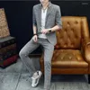 Herrdräkter 2023 (Blazer Pants) Fashion Business Gentleman Mid-Sleeve Casual Hair Stylist Night Handsome Groom Host 2-Piece Set