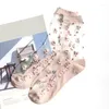 Calzini da donna 1 paio Calzini estivi traspiranti ultra sottili trasparenti in pizzo di seta cristallo rosa fiore ragazze elastici corti femminili Sox