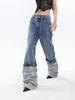 Women's Jeans 2023 Summer Autumn High Waist Graffiti Patchwork Contact Color Leather Button Denim Pants Tide