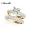 AINUOSHI 925 Sterling Silver Yellow Gold Color 4 Prongs Bridal Ring Sets 1 5ct Princess Cut Wedding Silver Sona Ring Set Jewelry Y203u