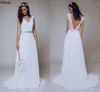 V Neck Sexy A Line Wedding Dresses Backless Elegant Chiffon Boho White Lace Beach Garden Bridal Gowns With Rhinestones Belt Sweep Train Bride Robes de Mariee CL2830