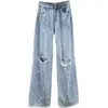 Jean femme déchiré jambe large 2023 printemps été ample strass Denim pantalon Streetwear filles bleu lavé Jean