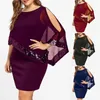 Casual Jurken Jurk Dames Elegant 2023 Effen Kleur O-hals Onregelmatige Pailletten Patchwork Koude Schouder Voor Feest Bruiloft Zwart 5XL