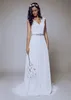 V Neck Sexy A Line Wedding Dresses Backless Elegant Chiffon Boho White Lace Beach Garden Bridal Gowns With Rhinestones Belt Sweep Train Bride Robes de Mariee CL2830