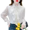 Décontracté à manches longues chemise blanche conception comestible arbre champignon col montant en mousseline de soie Blouse femmes manches évasées à volants hauts femme