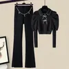 Women's Two Piece Pants 2023 Autumn Slim Pleated Bow Chiffon Shirt Coat Letter Chain Decorative Trousers Two-piece Elegant Set