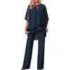 Running Set Chiffon Tops Pants Set Fashionable Women's Outfit Elegant Batwing Sleeve Wide Leg med oregelbunden hem hög