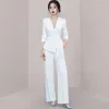 Damen Zweiteilige Hosen Frühling Herbst Weißes Set Weites Bein Hosenanzüge Mode Schnür Langarm Blazer Mäntel 2 Sets Damen Büro Outfits