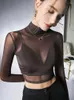 Women's T Shirts Winsleter Elegant Basic Short Tshirt Autumn Spring Women Sexy Mock Neck Sheer Slim Mesh Crop Long Sleeve Elastic Tees