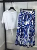 Werkjurken SPENNEOOY Zomermode Lange rokpak Dames Witte losse O-hals T-shirts Top Blauw en porselein Print geplooid