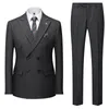 Mäns kostymer 2023 (Blazer Pants) Fashion Business Casual Gentleman British Style Striped Double Breasted Dress Bankett 2-delat set